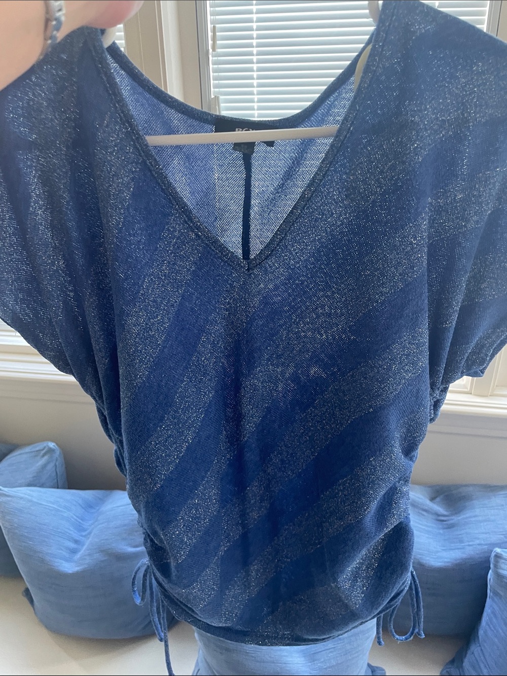 BCX Blue Metallic Stripe V-Neck Ruched Short Sleeve Top - Picture 5 of 6